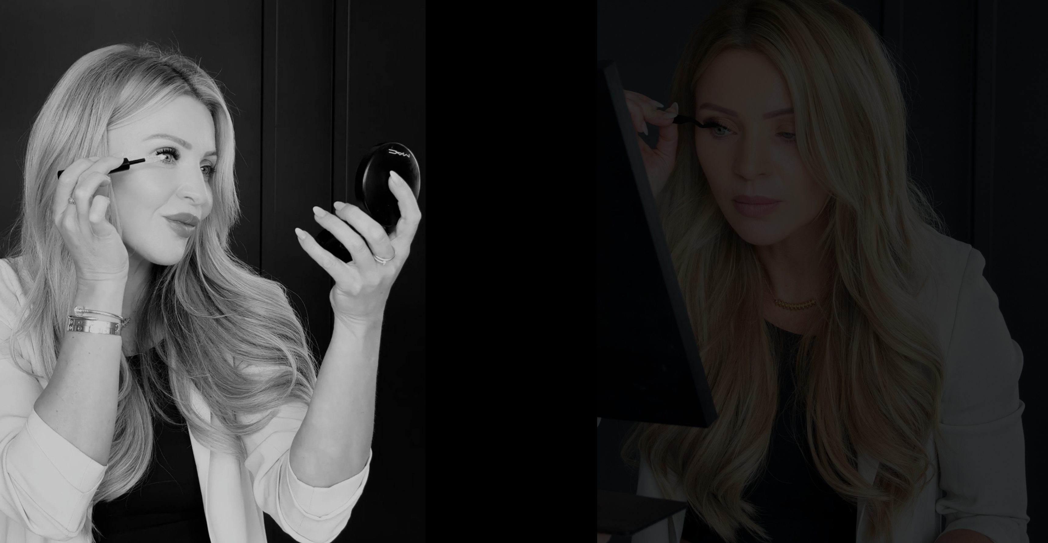 Woman applying lash extensions with a brush and phone, side by side comparison.